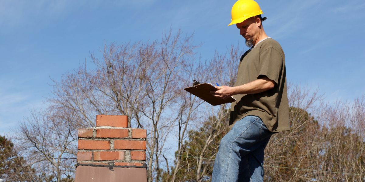Inspector in a hard hat examining a brick chimney on a roof with a clipboard in hand.
