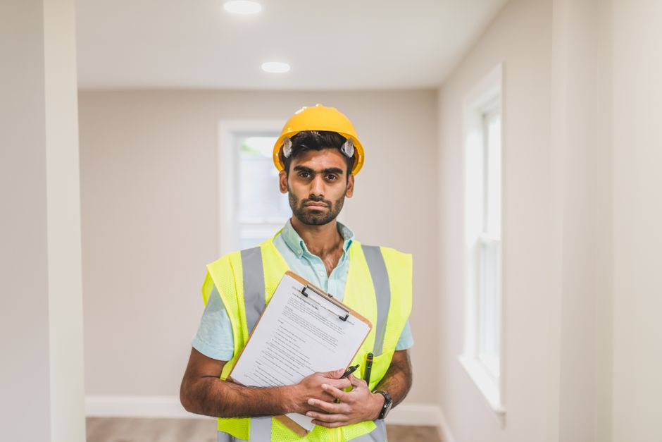 A home inspector wearing a tool belt uses a bright flashlight to examine the wooden rafters and insulation inside a dark attic.